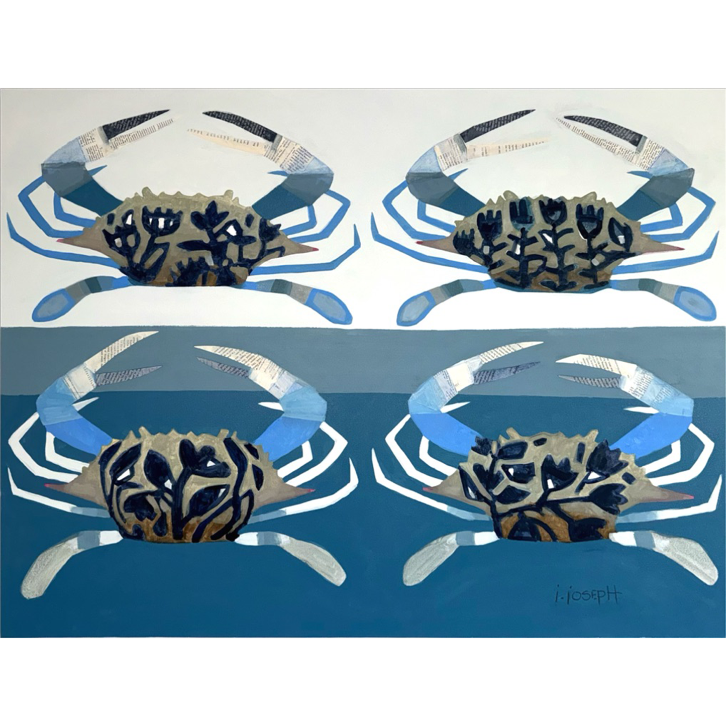 Arrangement of blue crabs by Jeremy Joseph for COLLAB BY AMERICAN/HOLIDAY™, featuring realistic blue crab sculptures on a white background.