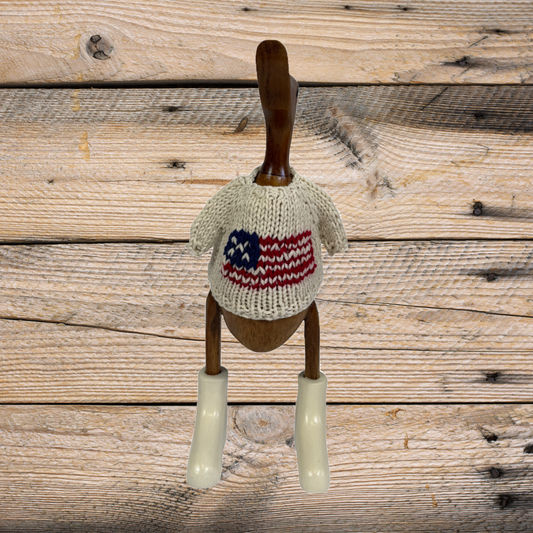 Hand Knit Ivory with American Flag Duck Sweater