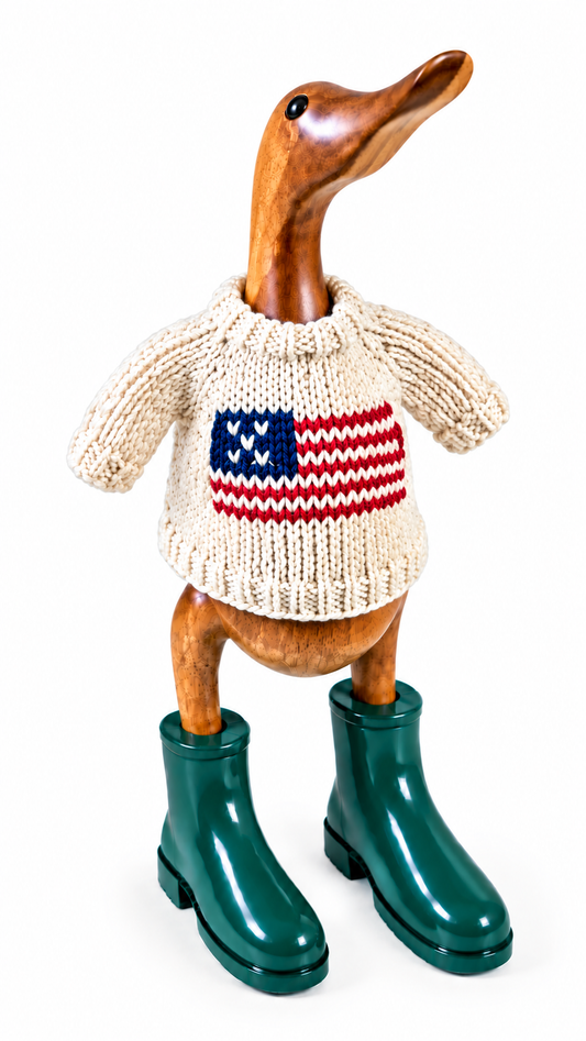 Hand Knit Ivory with American Flag Duck Sweater