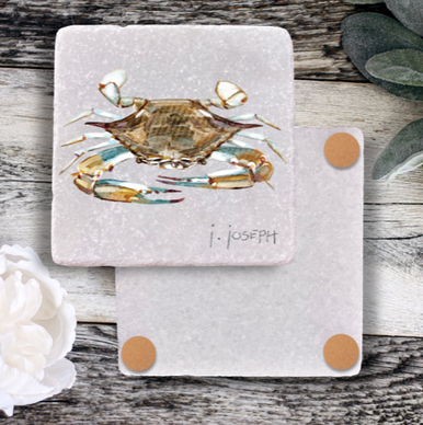 Tumbled Italian White Marble Coaster - Blue Crab by Jeremy Joseph