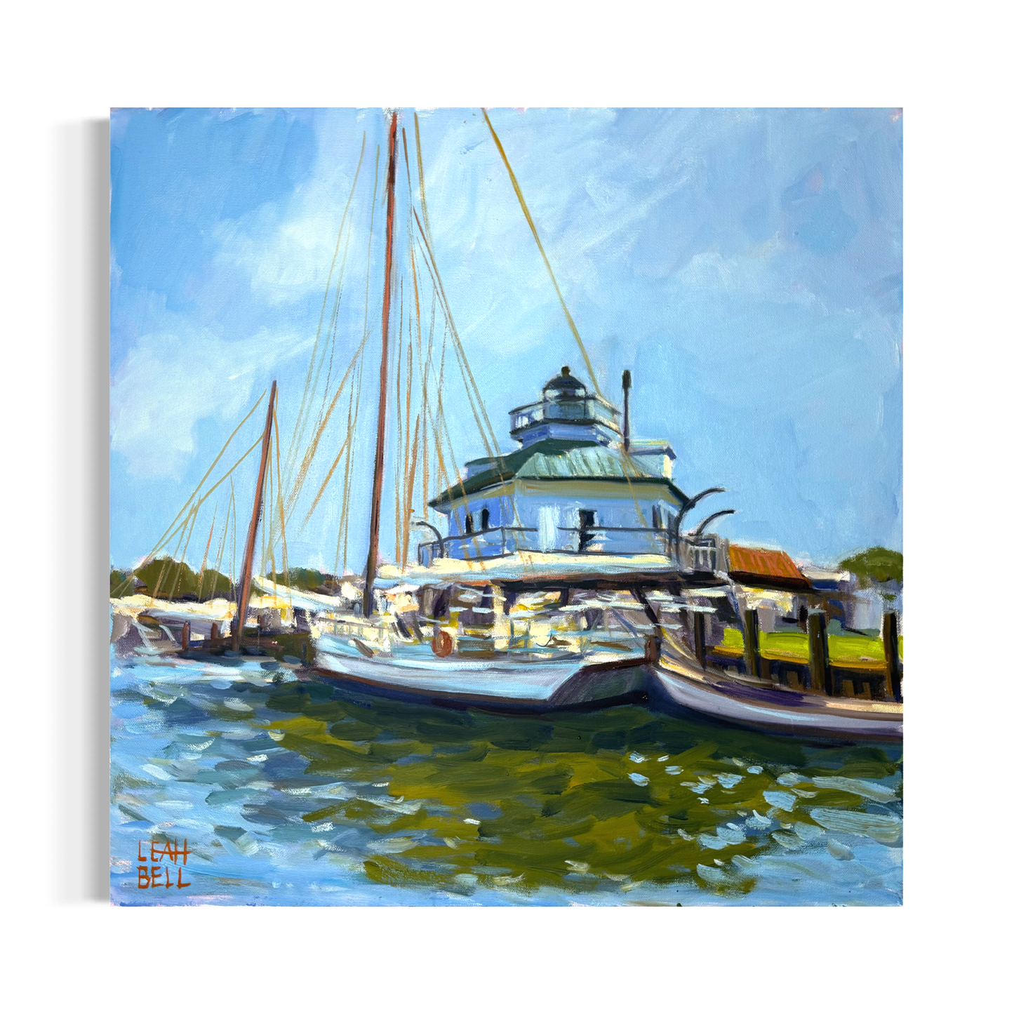 Hopper Straight Lighthouse by Leah Bell, decorative ceramic lighthouse with white and blue stripes, part of COLLAB BY AMERICAN/HOLIDAY collection.